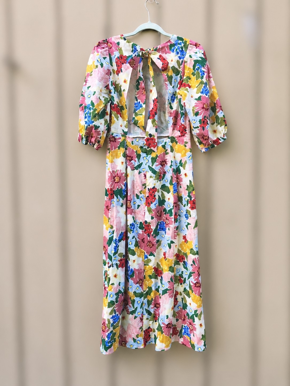 Sezane Jiana Dress Linen Blend Italy Floral Open Back Puff Sleeve Midi Luxury 4 - Picture 8 of 11
